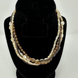 Vintage boho four strand mixed elements mother of pearl,‎ shell, wood necklace